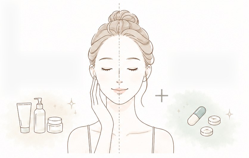 顔の左右で、外側からのケア（スキンケア）と内側からのケア（美容内服）を表したイラスト