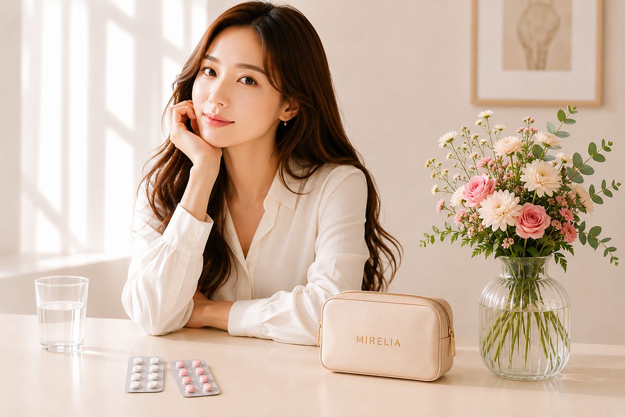 美容内服のある暮らしのイメージ（女性・花・グラス・錠剤シート・MIRELIAポーチ）